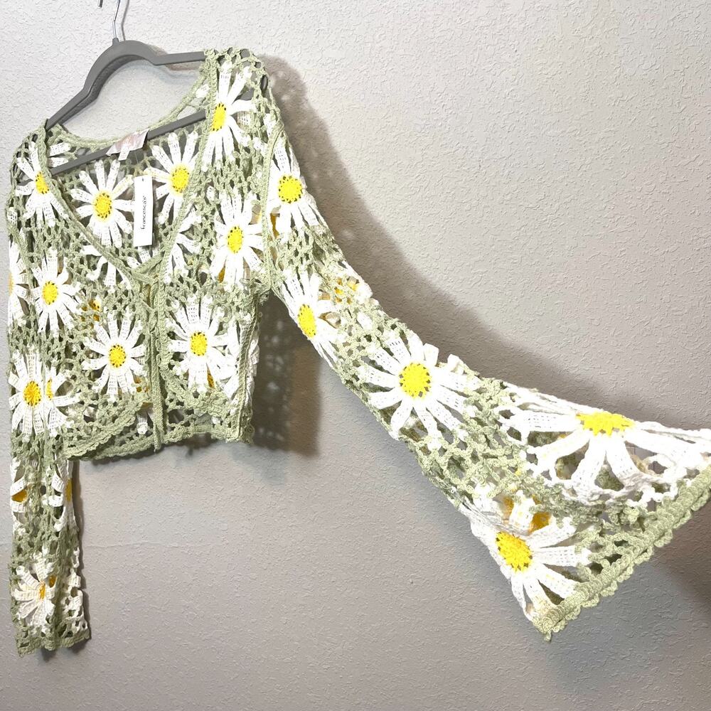 Y2K Festival Fairy Daisy Crochet Bell Sleeve Tie Front Granny Cardigan Medium